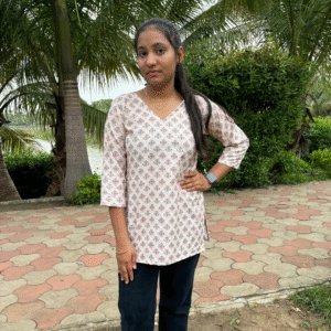 Home printed rayon v neck kurti with 3/4 sleeves – soft peach ethnic motif