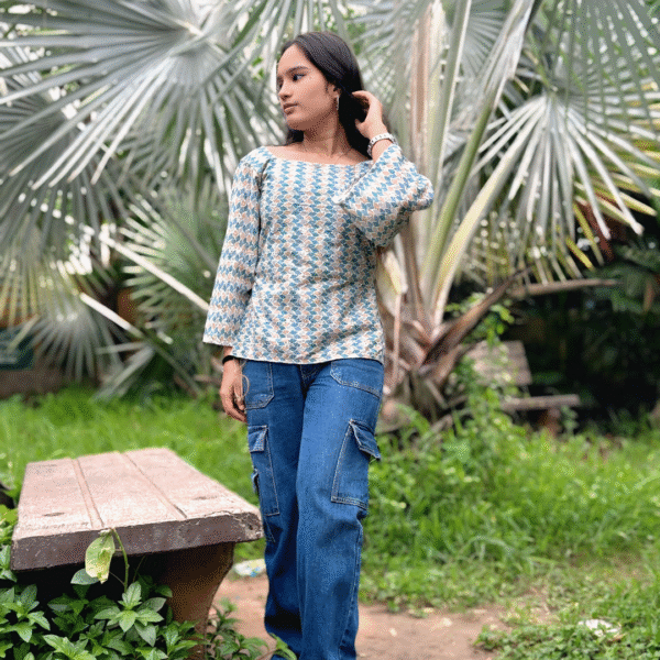 elegant chikankari cotton kurti with puff sleeves – sky blue geometric pattern