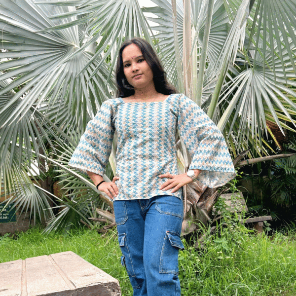 elegant chikankari cotton kurti with puff sleeves – sky blue geometric pattern