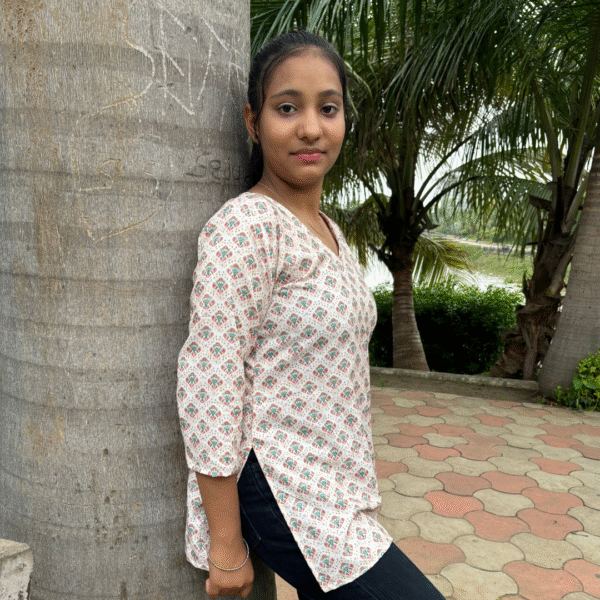 printed rayon v neck kurti with 3/4 sleeves – soft peach ethnic motif